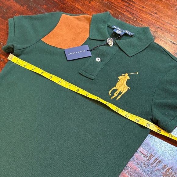Vintage Ralph Lauren Suede Patch Big Pony Logo Polo Top Dark Green Small NWT - Picture 7 of 10